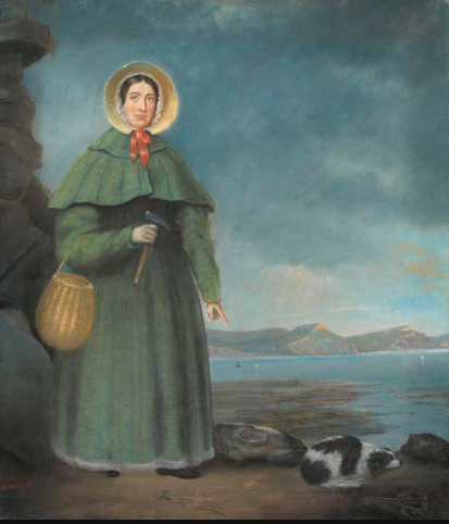 Mary Anning with her dog, Tray. Circa 1840 with Golden Cap in the background.