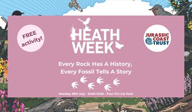Pink Poster stating it's a free activity, Jurassic Coast Trust logo, sharing the date of 29th July 10 am - 3 pm in Four Firs Car park