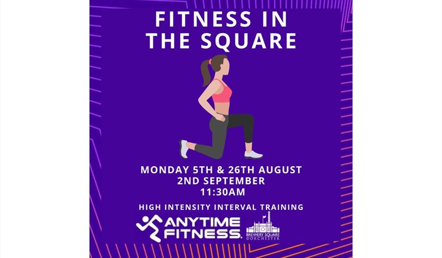 Poster showing a lady lunging, with dates of fitness classes at Brewery Square, Monday 26th August and 2nd September 11.30 am