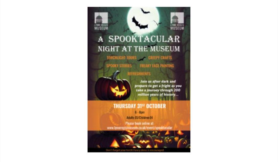 poster showing details of the spooktacular night at the museum, with pumpkins, 31st October, 6 - 8 pm