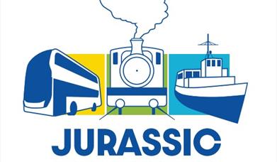 Logo showing Jurassic Adventurer, with a picture of a bus, train and boat.
